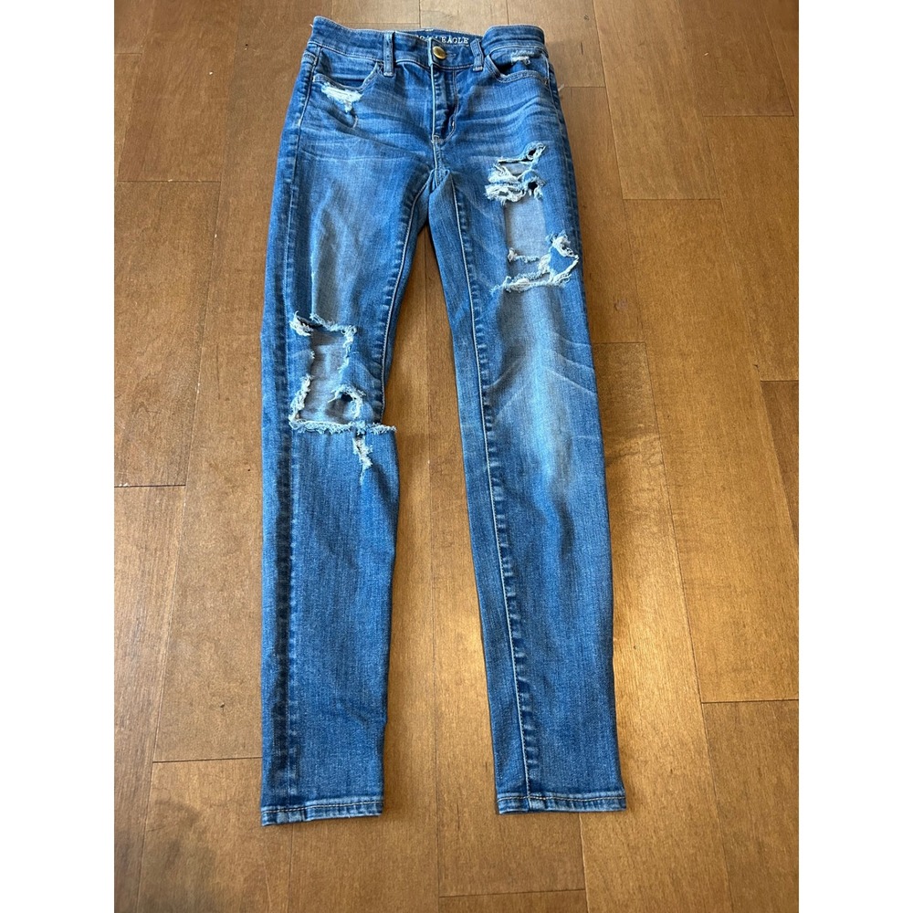 American Eagle Outfitters Distressed Skinny Jeans Blue Denim Size 0 Regular